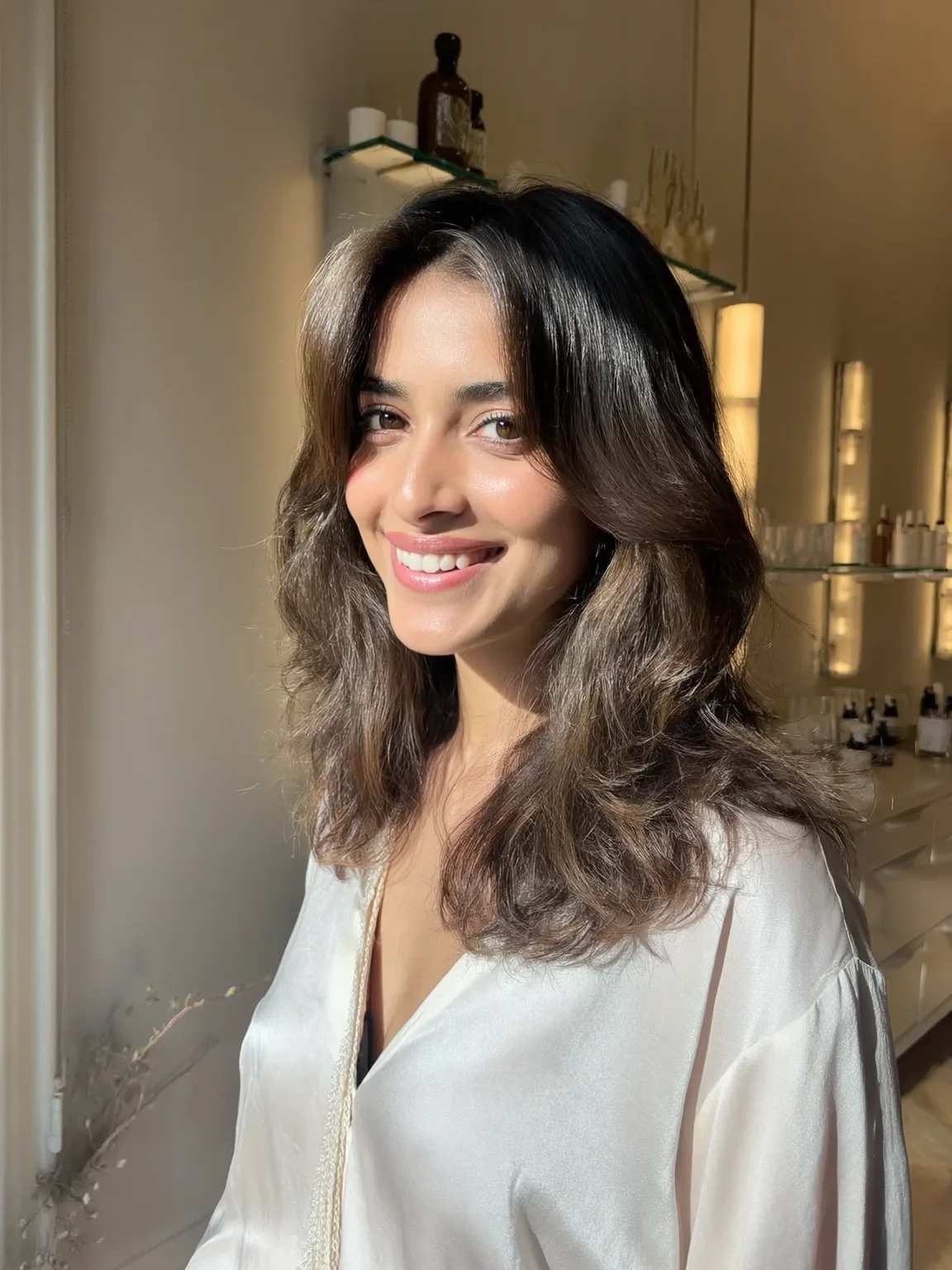 Long Chestnut Brown Layers with Curtain Bangs on Oval Face